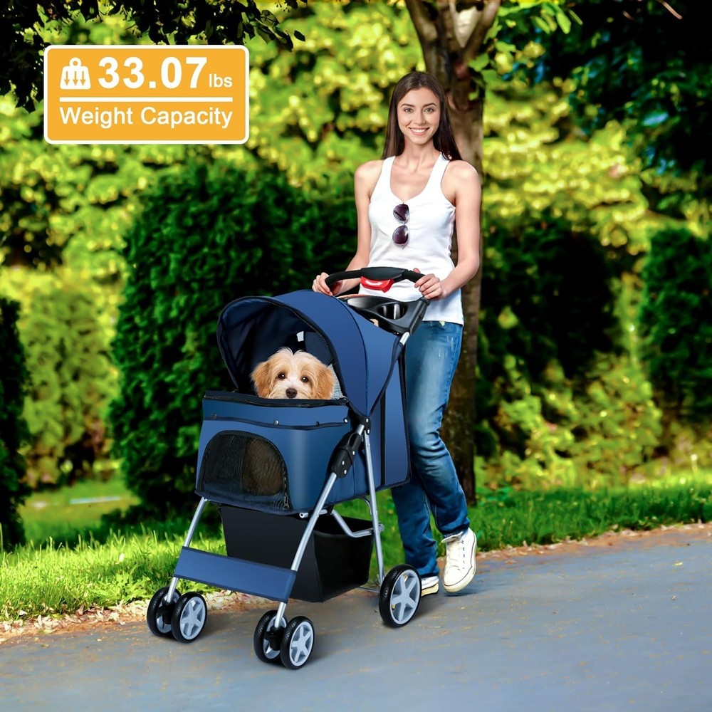 Foldable Pet Stroller with Cup Holder & Storage