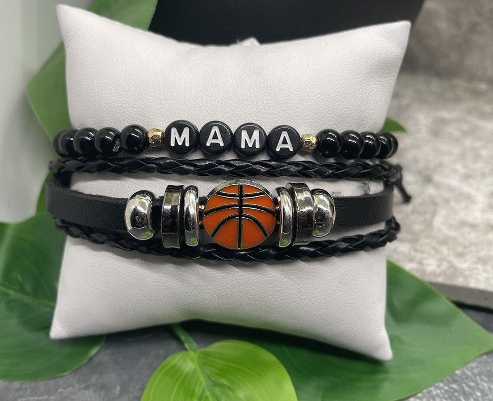 2 PC Basketball Mama Bead PU Leather Bracelet Stackable Adjustable Tie New B830