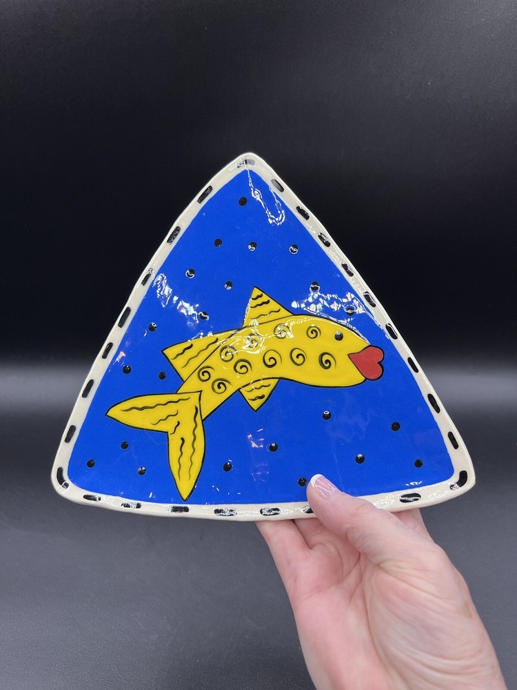 Hand Thrown Ceramic Raised Dish by DMF, Fish, Triangular Shape