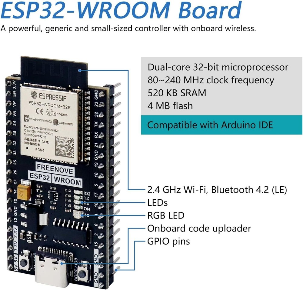 ESP32-WROOM Board (2 Pack), Dual-core 32-bit 240 MHz Microcontroller, Onboard...