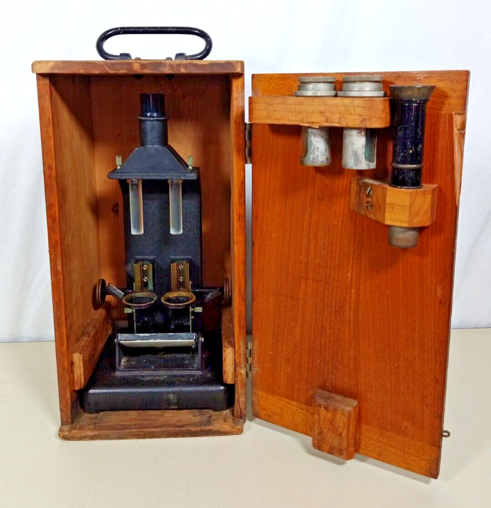 Vintage Bausch & Lomb Optical Co. Microscope in Wood Eimer & Amend Box Case