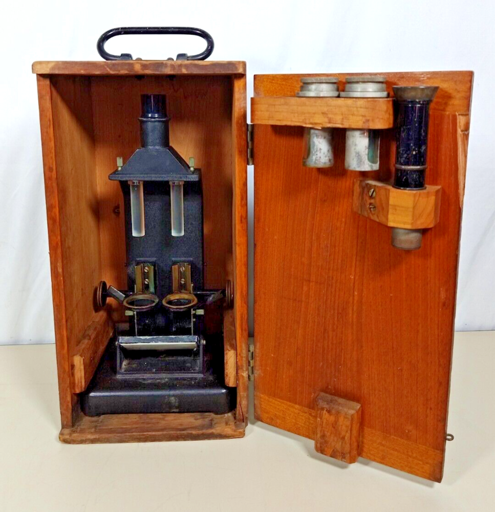 Vintage Bausch & Lomb Optical Co. Microscope in Wood Eimer & Amend Box Case