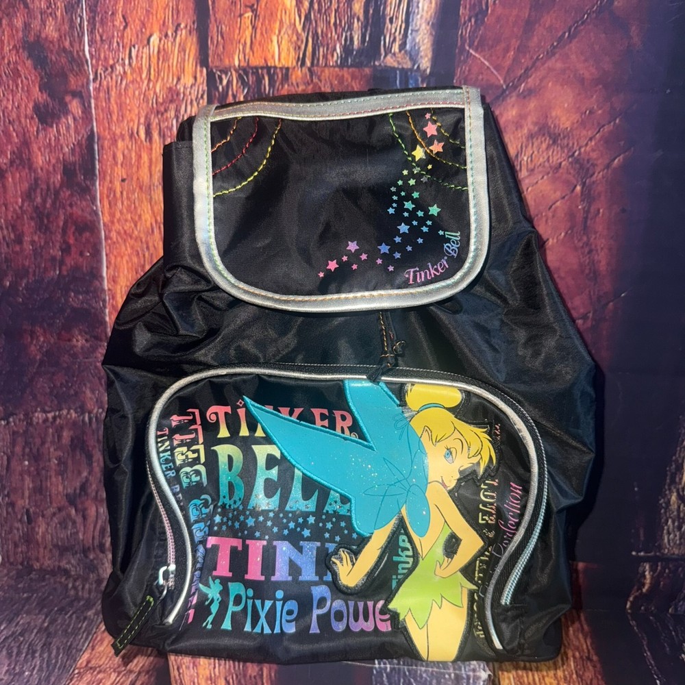 Disney Tinker Bell Pixie Power Backpack Bag Black Nylon Adjustable Strap RARE