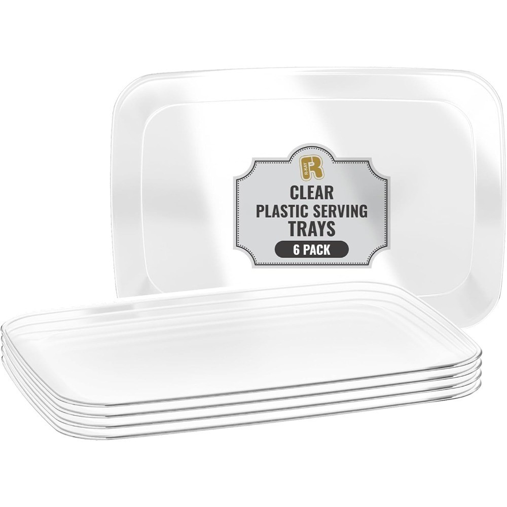 Heavy Duty Clear Plastic Serving Trays 6 Pack, 12.75 x 8.25 Inch Rectangular