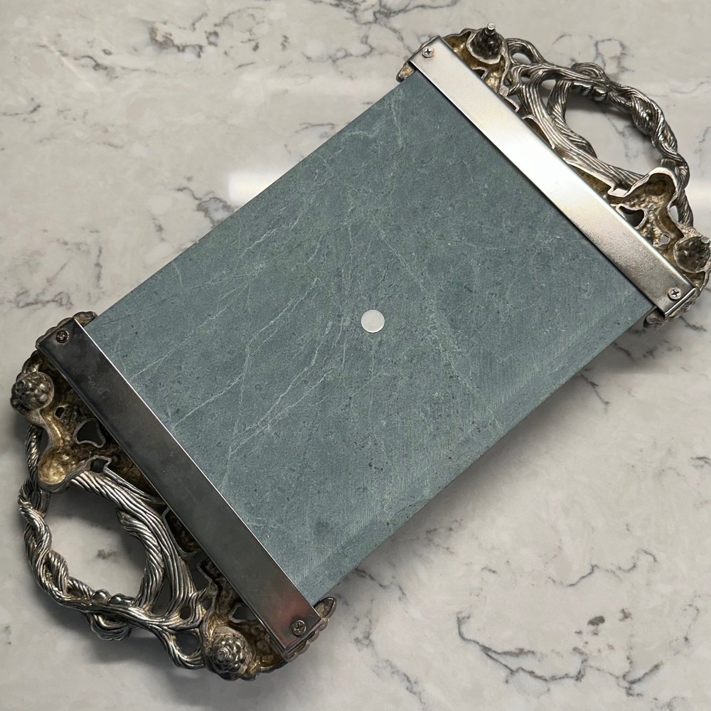 Godinger Silver Art Co. Marble Cheese Board Platter Grape Leaf Silver Handles
