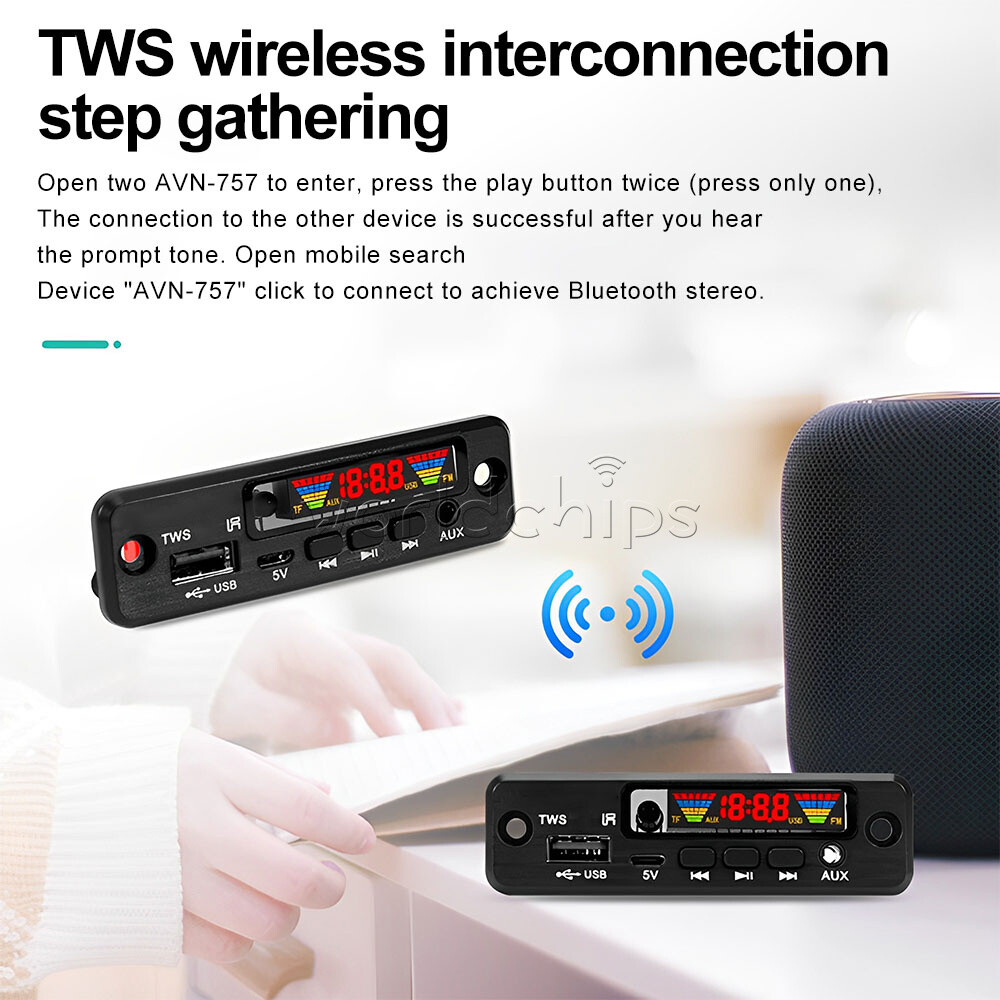 TWS Bluetooth 5.0 MP3 Decoder Board DC3.7-5V USB AUX FM Radio MP3 Player DIY