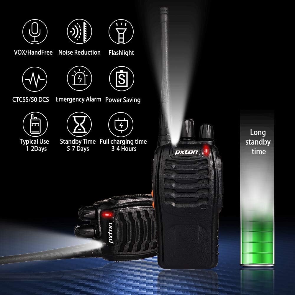 Rechargeable Long-Range Walkie Talkies - 2-Pack Note with Flashlight & Earpieces