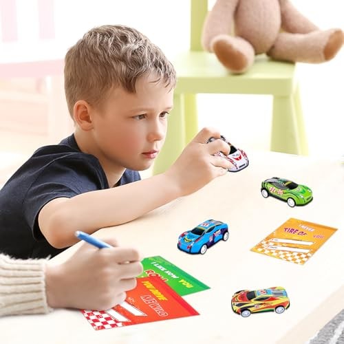 28 Pcs Valentins's Cards with Pull Back Car Valentines Day Cards Pull back car
