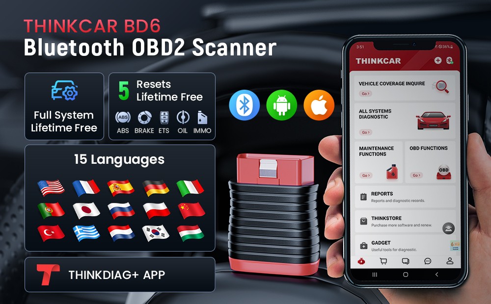 THINKCAR BD6 Car OBD2 Diagnostic Tool Bluetooth Full System Diagnostics 5 Reset