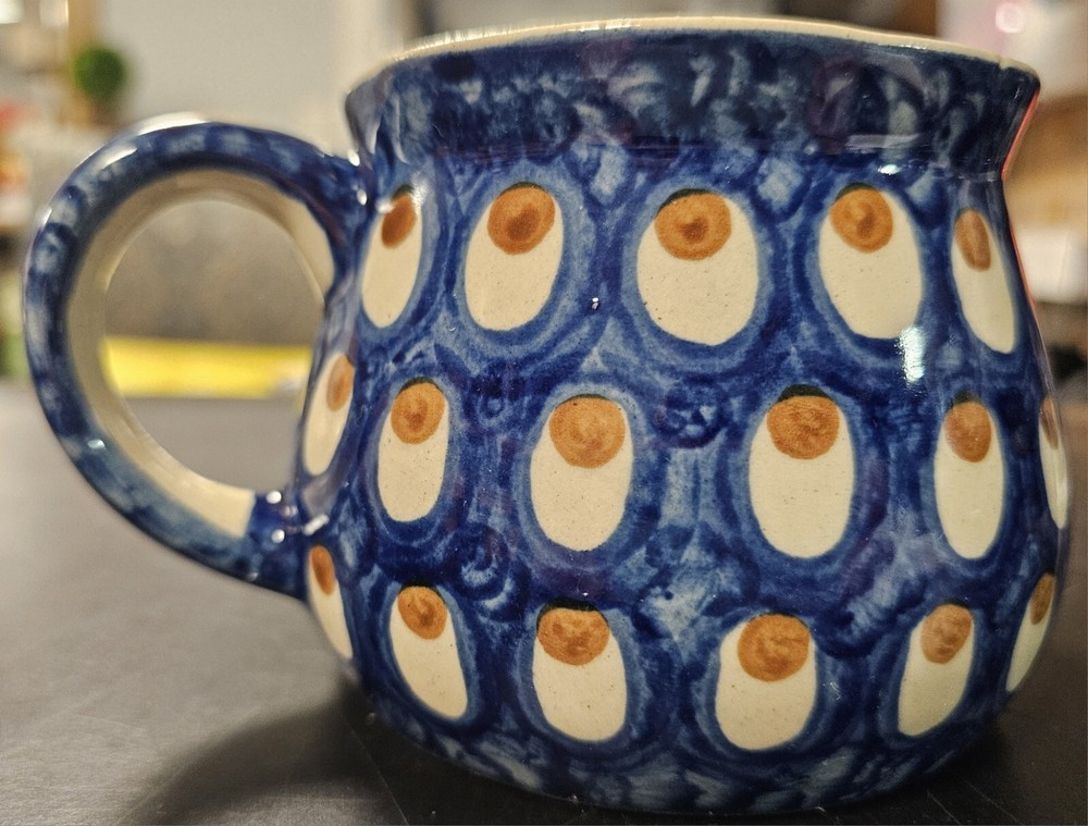 Heise Pottery Handmade Germany Handled Creamer Blue & Bone colored with Dots