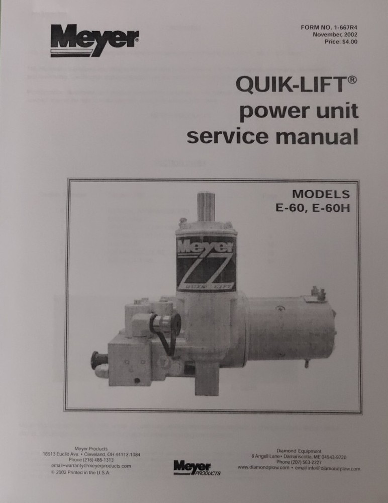 Meyer Quick Lift Power Unit Service Manual E60, E60H