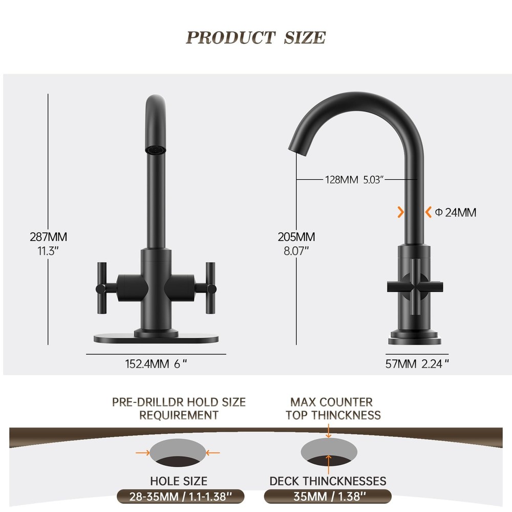 Matte Black Bathroom Faucet with Swivel Spout, Deck Plate and Drain Assembly