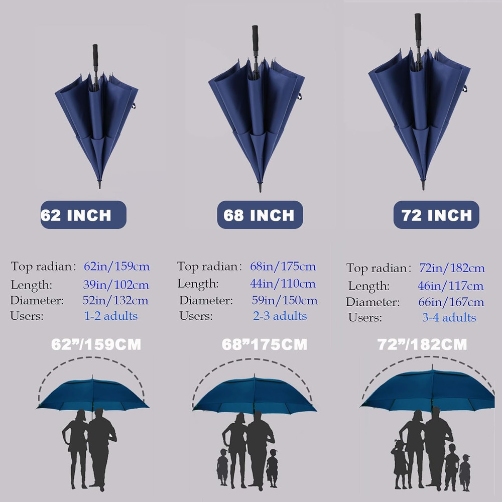 Large 54/62/68/72 Inch Golf Umbrella, Oversize Double Canopy, Automatic Open