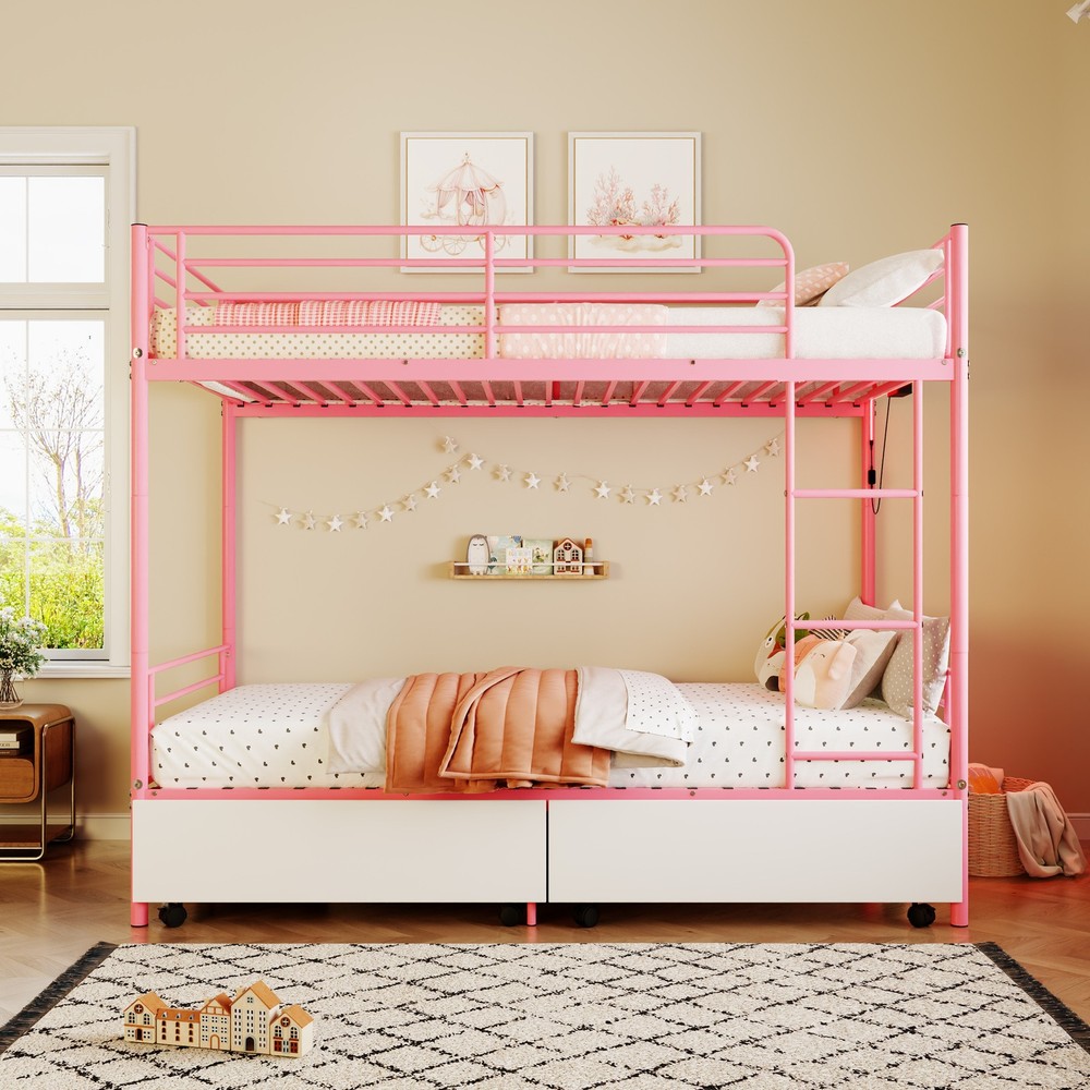 Bunk Bed with USB Charging Station, Able to Split, Metal Bunk Bed, Storage Spa