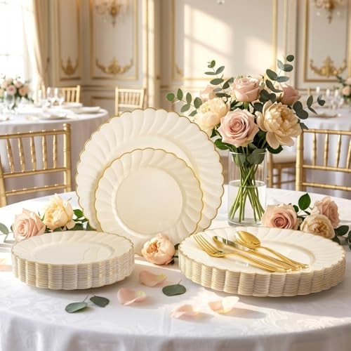 Scalloped Plastic Plates - Gold Disposable Dinnerware Set Include 175PCS Ivory