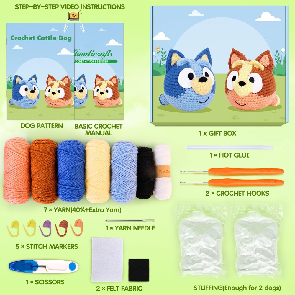 Bluey Crochet Kit for Beginners, with Step-by-Step Video Tutorials (2 Pack)