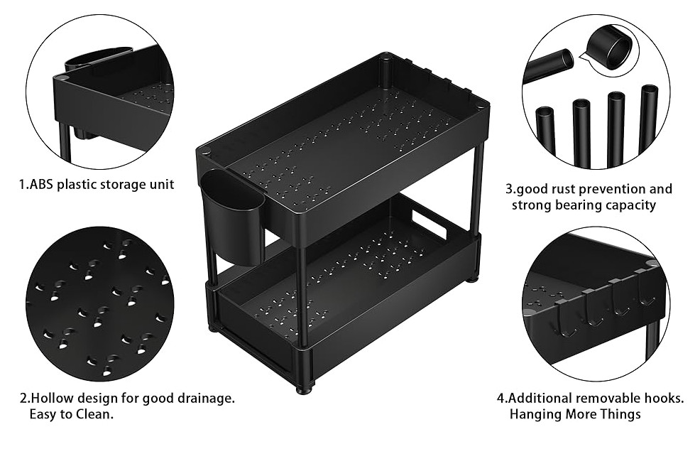 Under Sink Organizers and Storage, 2 Pack Pull Out Cabinet Organizer with Hooks