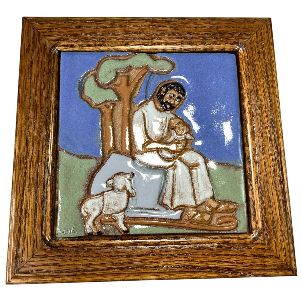 Shepherd Sheep 09 Signed Handmade Hand-Painted Ceramic Glazed Tile