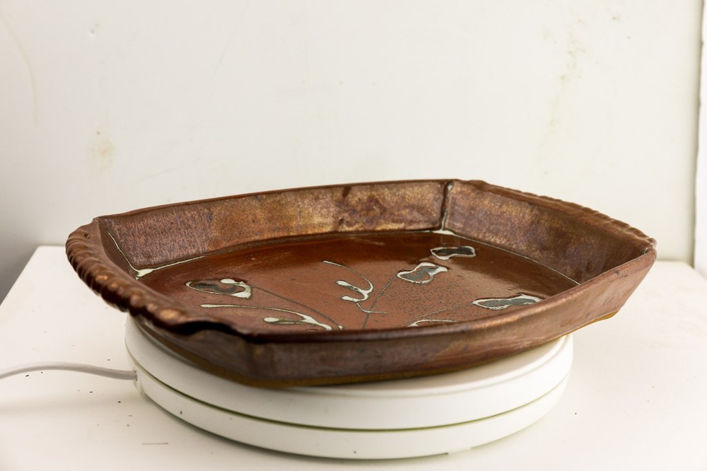 Studio Pottery Tray Platter Signed HB Brown Glaze Handmade Ceramic