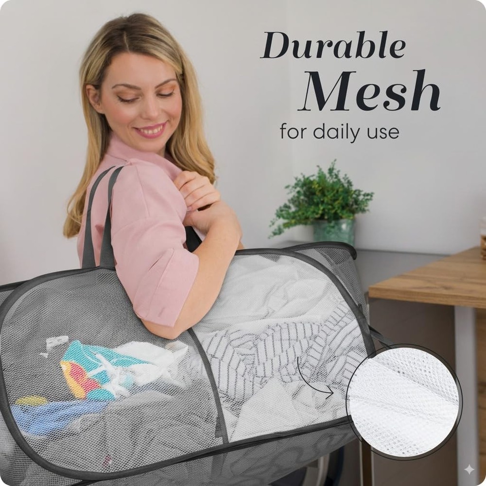 Foldable Laundry Basket - Popup and Collapsible, Durable 2-Compartment, Black