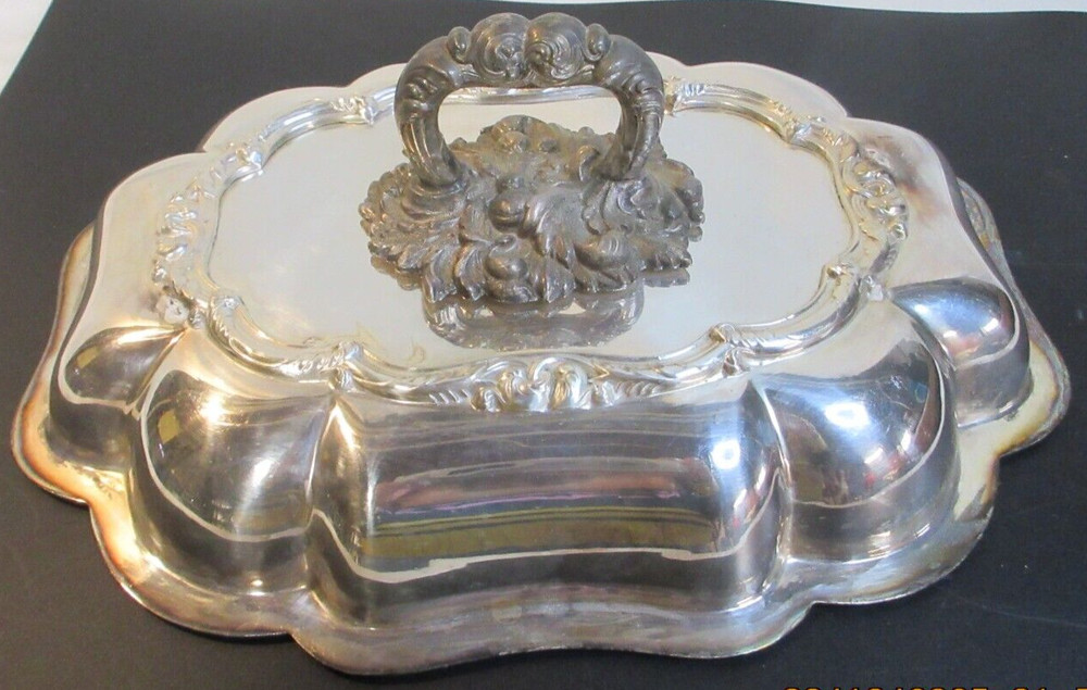 ANTIQUE~REPOUSSE~SILVER LIDDED WITH HANDLE SERVING DISH~~5.9 POUNDS