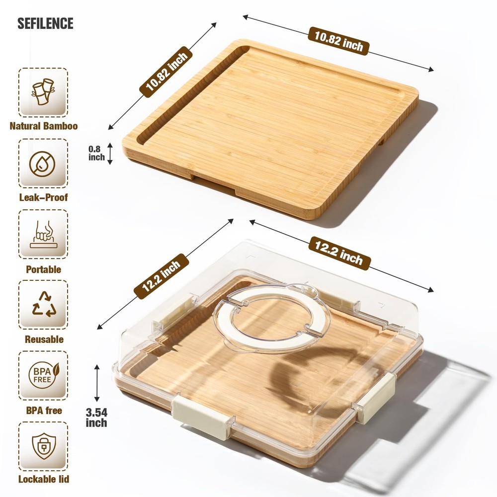 Charcuterie Board with Clear Locking Lid and Handle, Single Compartment Bamboo C