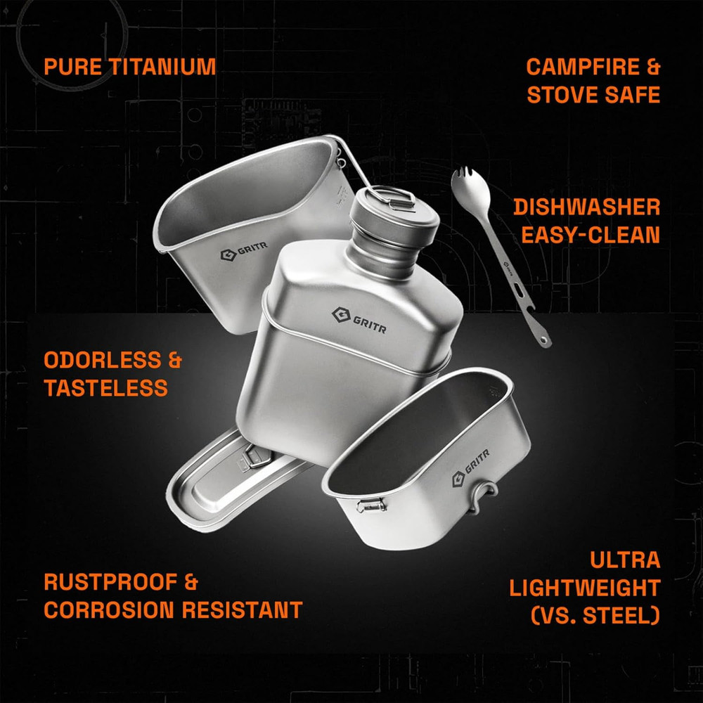 Titanium Canteen Mess Kit | Compact Portable Camping Open Fire Cookware Set for