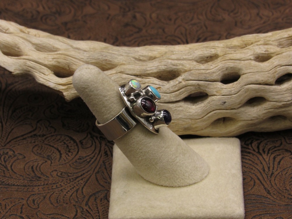 Adjustable Sterling Silver Multi Stone Ring Size 7+