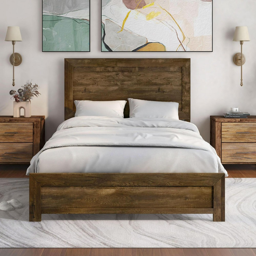 Bed - Walnut Finish Solid Wood Panel Platform Bed - QUEEN