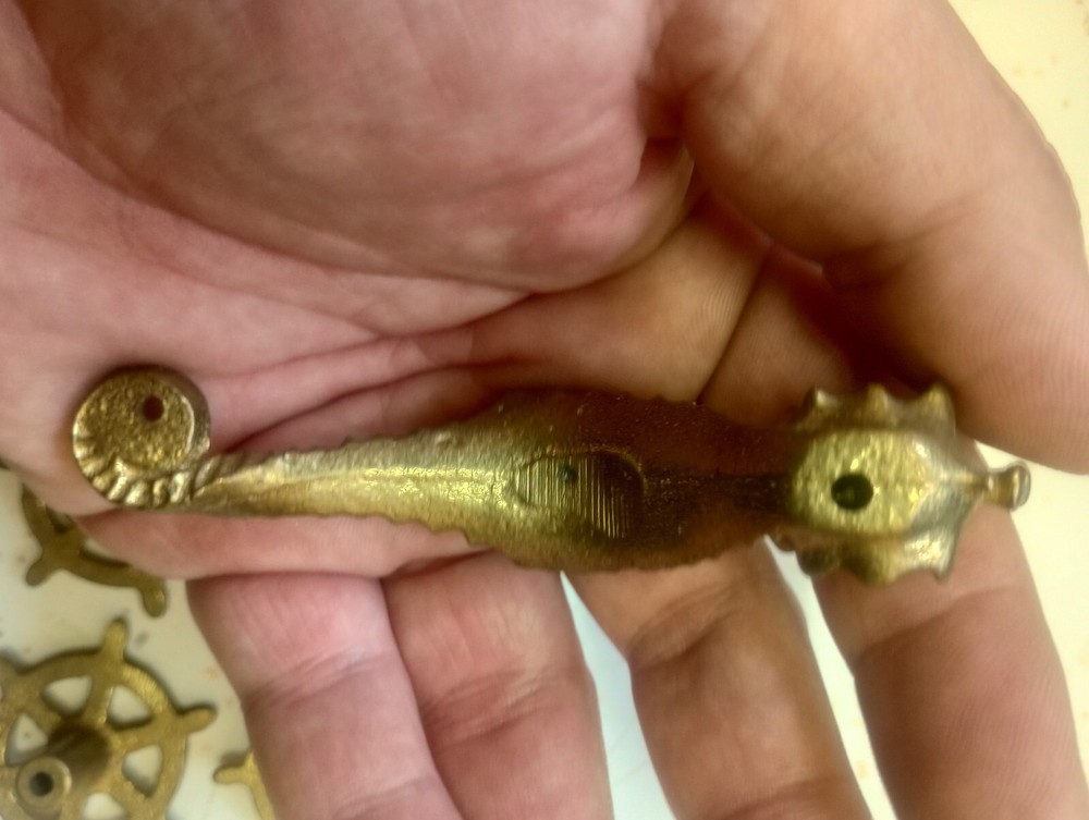 Vintage Pair Brass Seahorse Pulls and Ship's Wheel Pulls