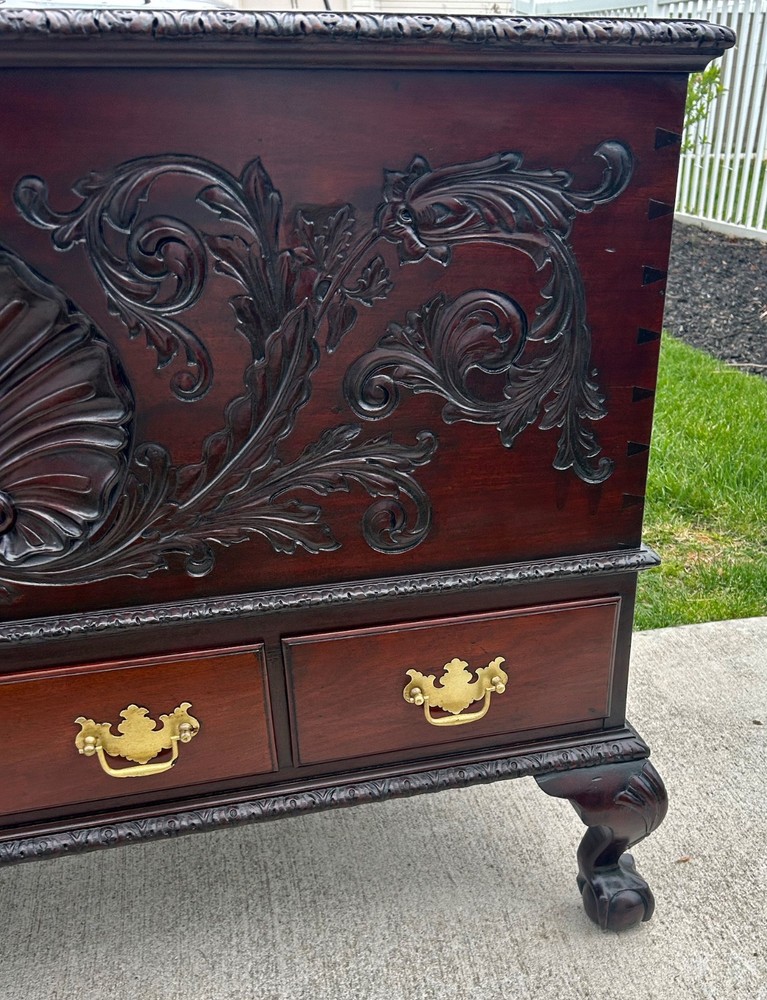 Antique Solid Mahogany Shell Carved Claw Foot Centennial Blanket Chest