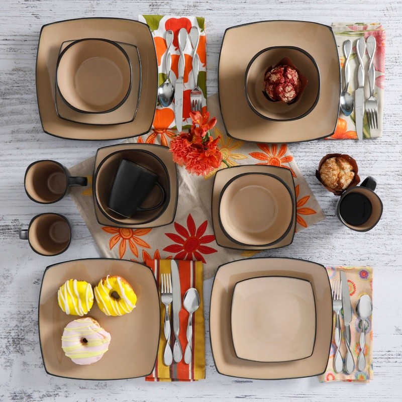 16 Piece Stoneware Square Dinnerware Set Dishwasher Microwave Safe Dining 4 New