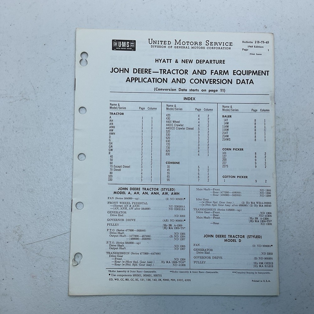 1960 New Departure Hyatt John Deere Application & Conversion Data