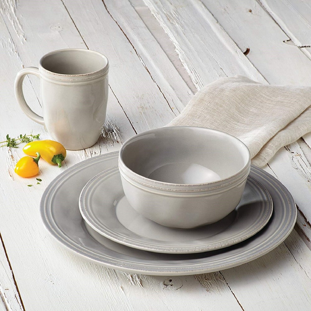 Dinnerware Set Gray Stoneware 16 Piece Round Plate Grey Dinner Service For 4