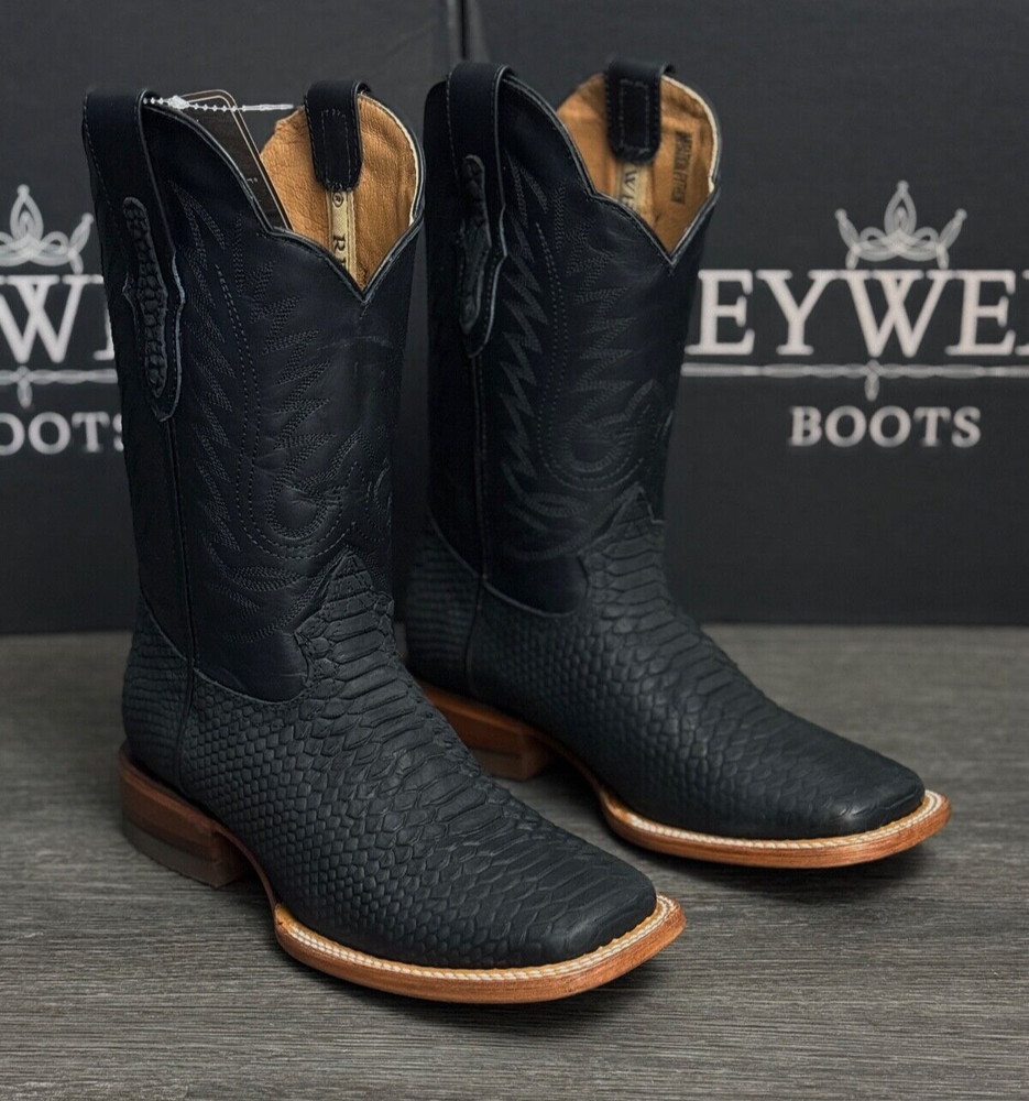 MEN'S REYWELT RODEO WESTERN VAQUERAS PYTHON PRINT BLACK MATE COWBOY BOOTS