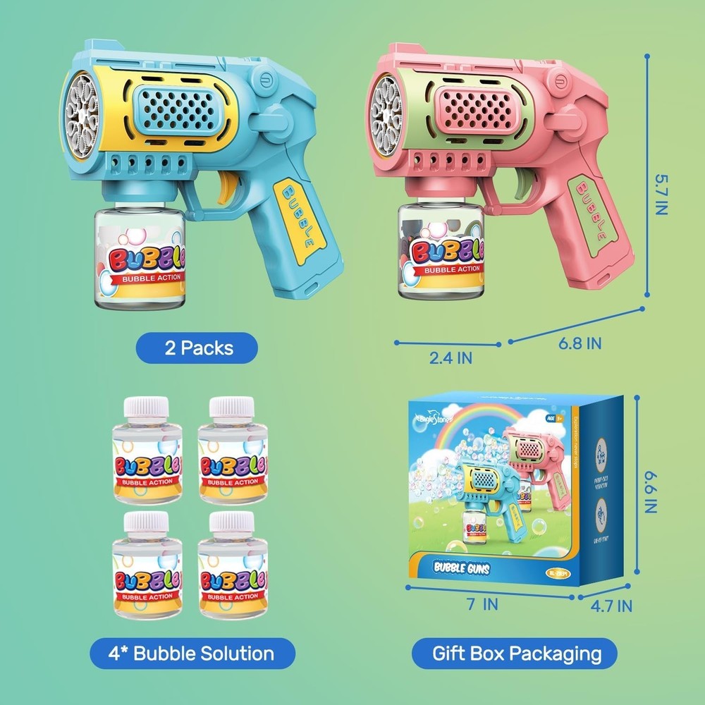 Bubble Gun Machine for Kids 4-8: 2-Pack Automatic Guns with 2 Bottles...