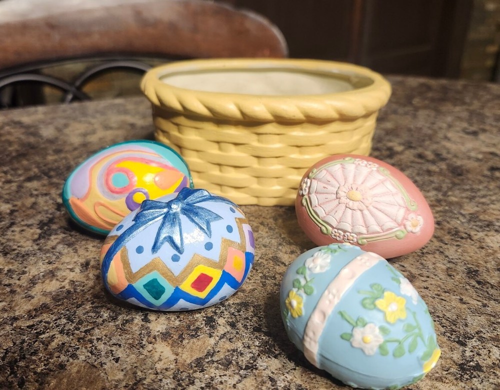 Vintage Easter Ceramic Basket with 3 Ceramic Eggs 1 Plastic Byron Molds Spring
