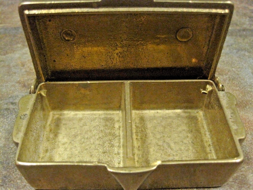 BRASS STAMP BOX 'SATCHEL' TWO COMPARTMENTS, VINTAGE, EUC
