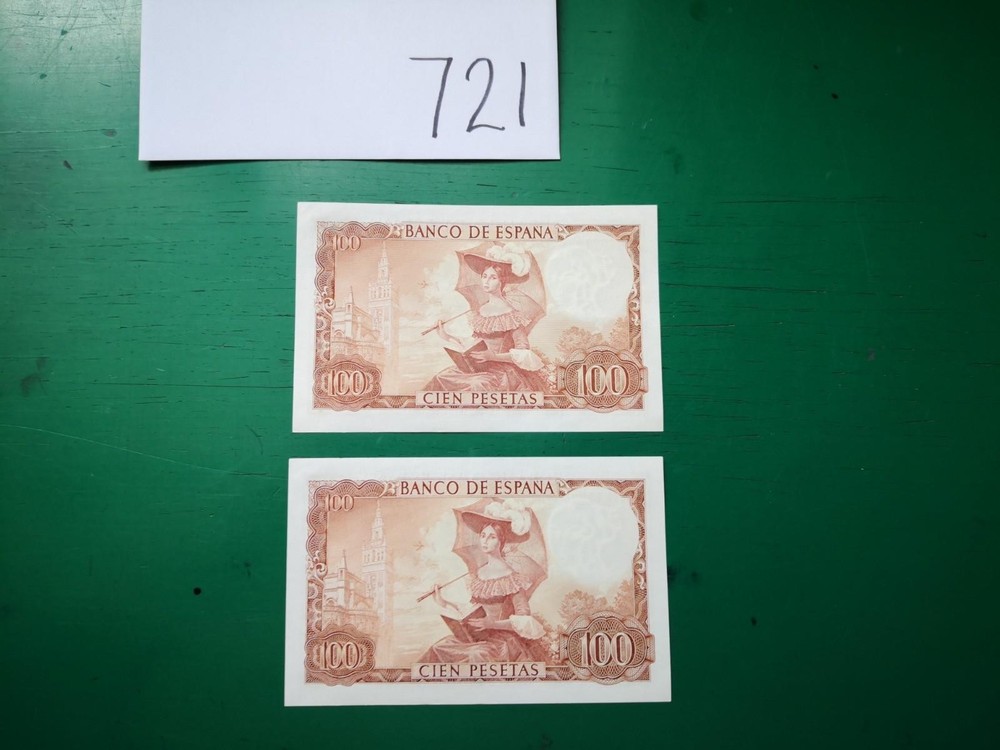 Spain 1965 2x 100 Pesetas Notes Consecutive Banknotes #721