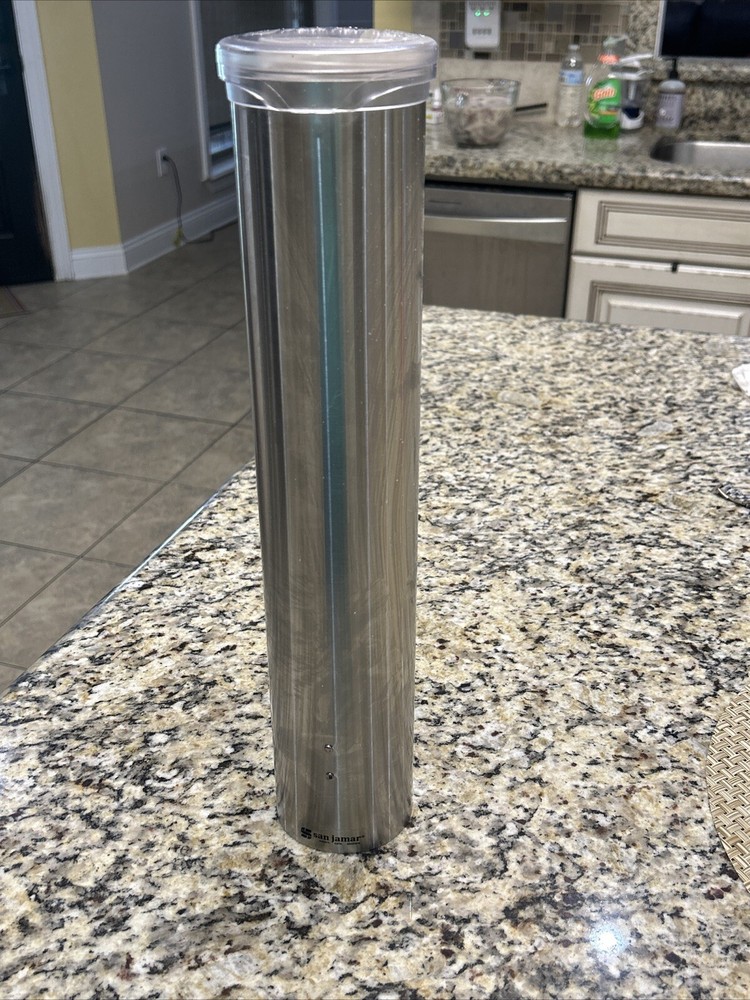 San Jamar Small Pull-Type Water Cup Dispenser Stainless Steel Flipcap Cone cup