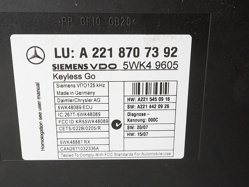 2007 - 2009 Mercedes Benz S Class W221 Keyless Go Control Module Computer Unit