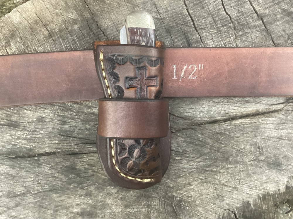 Leather Folding Knife Belt Loop Sheath Trapper Size (Sheath Only)