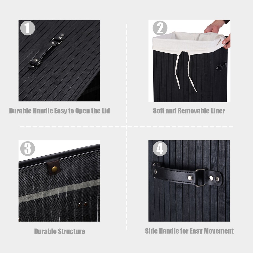 Costway Rectangle Bamboo Hamper Laundry Basket Washing Cloth Bin Lid Black
