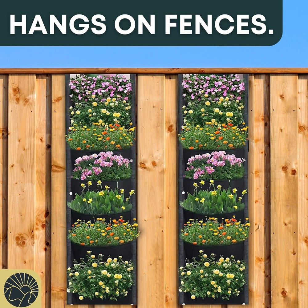 Fence Planters Wall for Outdoors Plants Vertical 7 Pockets, Black