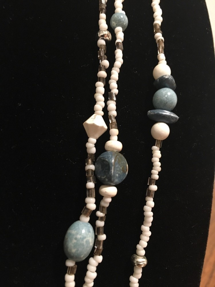 Beautiful  Necklace 3 ~ String Blue,White & Silver Colored Beads 