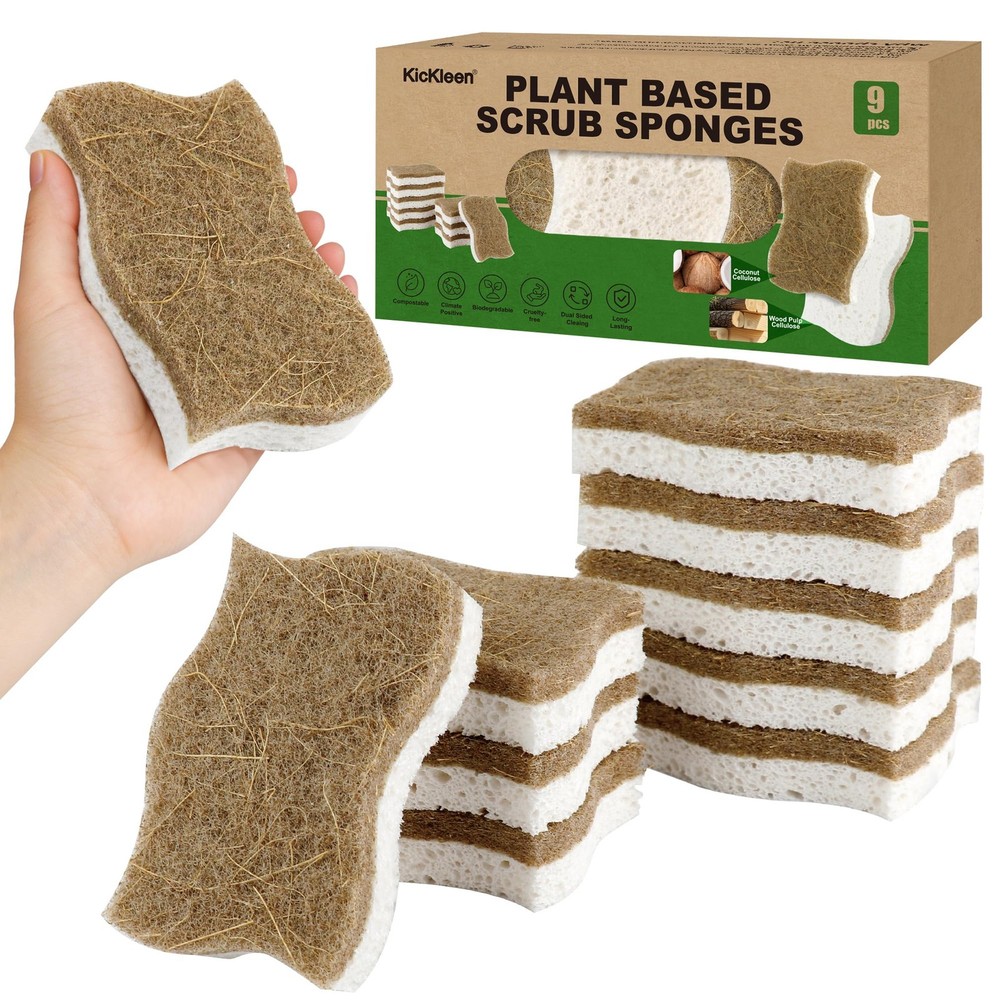 9 Pack Natural Biodegradable Kitchen Sponges Cellulose Walnut Scrubber Pads