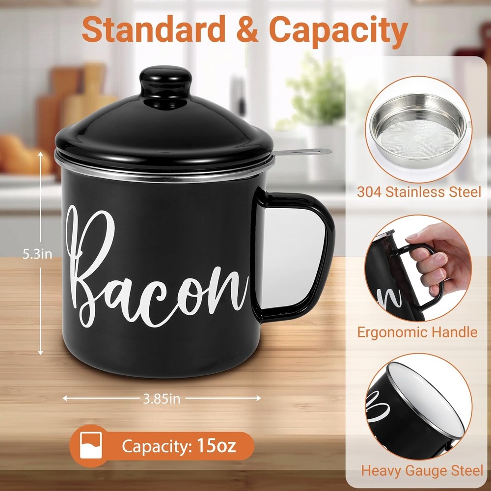 Bacon Grease Container with Strainer - Mini 15oz Enamel Grease Container, Far...