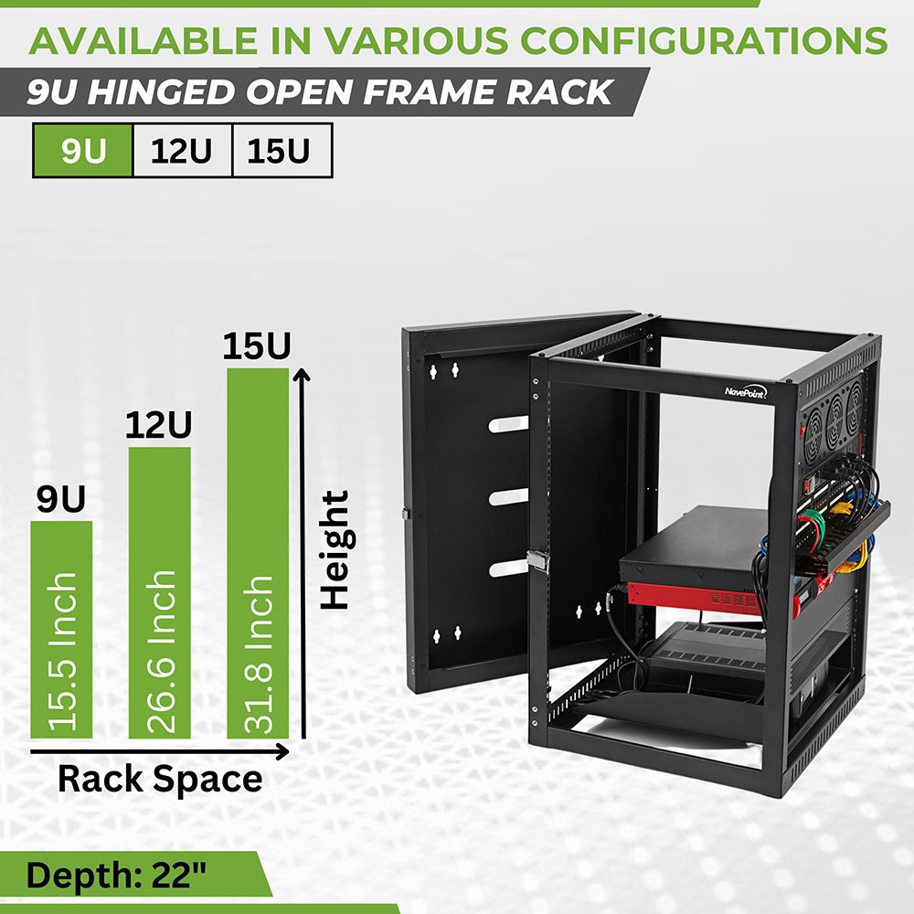 NavePoint Wall Mount Server Rack with Hinged Back, 4-Post 24” Deep, Rear Swing