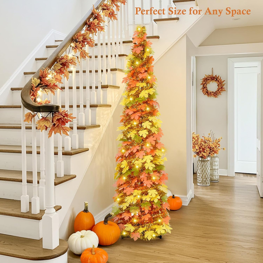 5FT 100 LED Fall Tree Collapsible Autumn Maple Leaf Pop up Tinsel Tree Decor
