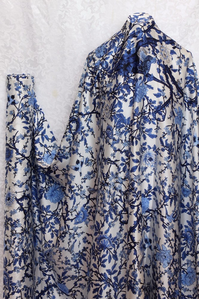 New 100% Charmeuse Silk Fabric Blue Tree M54 Per Yard